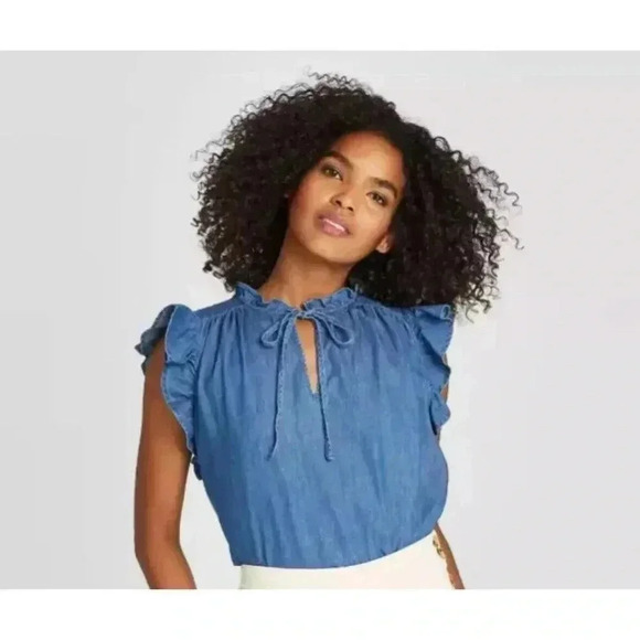 Womens Sleeveless Front Tie Ruffle Blouse Who What Wear Indigo Wash XS - Picture 1 of 9